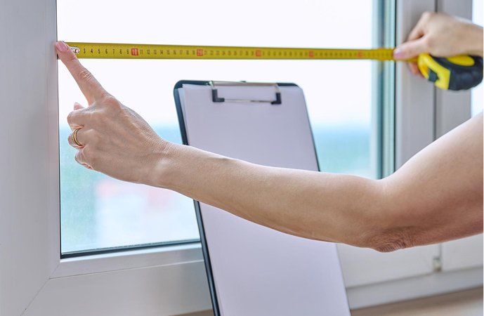 Technician measuring a window with tape during a 30-point inspection — Dr. Makaan promise to customers