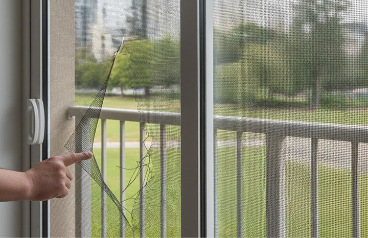 Torn mosquito mesh on window screen being pointed out for repair or replacement