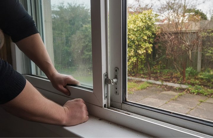 Hands checking a stuck sliding window track for roller and alignment repair