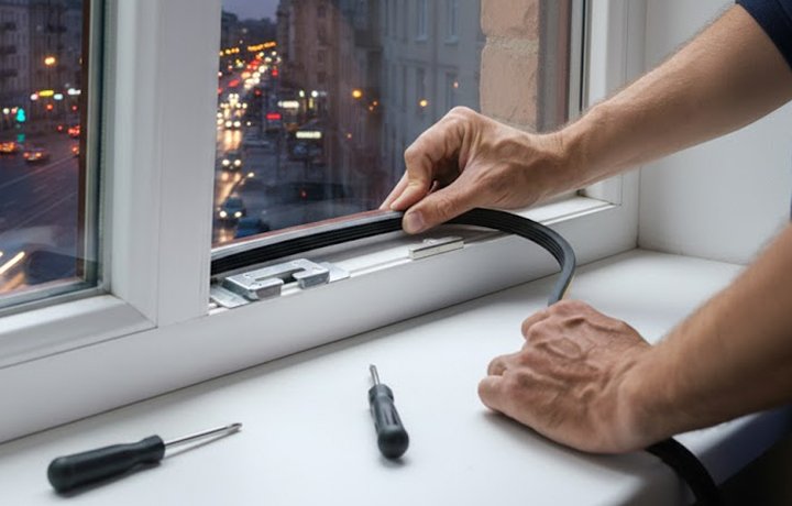 Technician working on window frame seals to reduce outside traffic noise