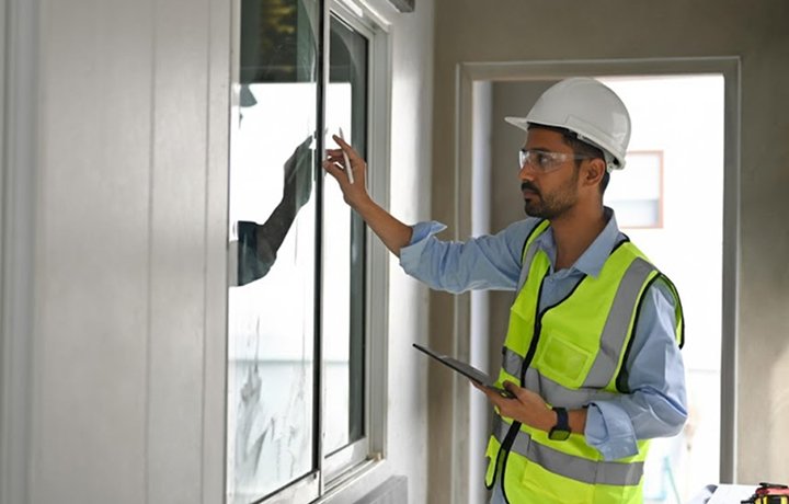 Engineer inspecting window service under annual maintenance (AMC)