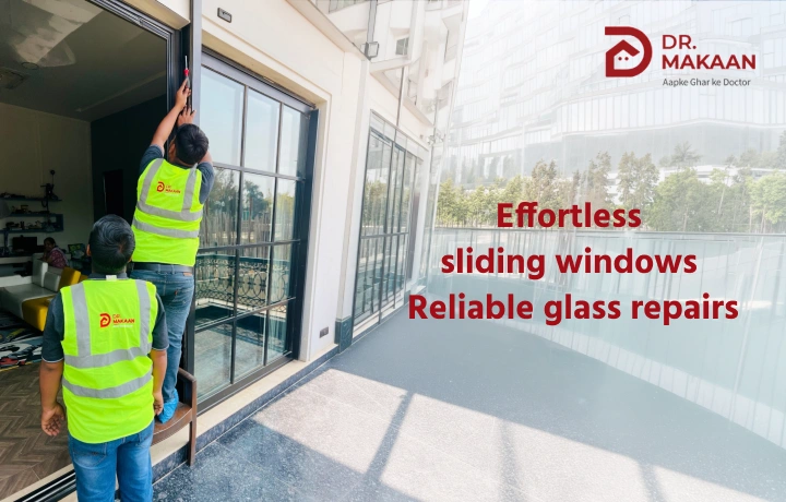 Technician repairing sliding window and glass system in a Delhi NCR home