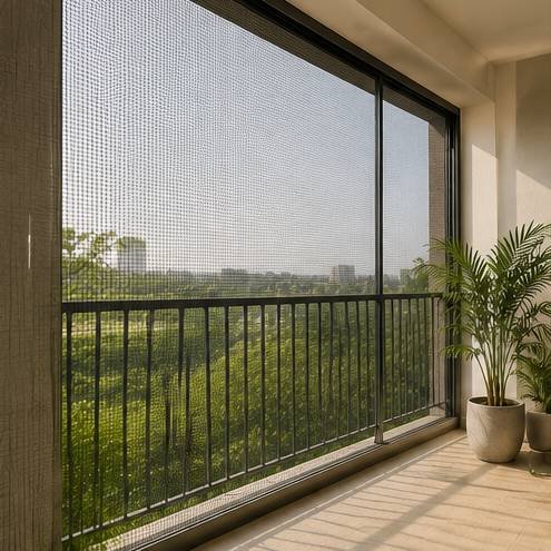 Modern balcony with mosquito mesh screen for airflow and insect protection