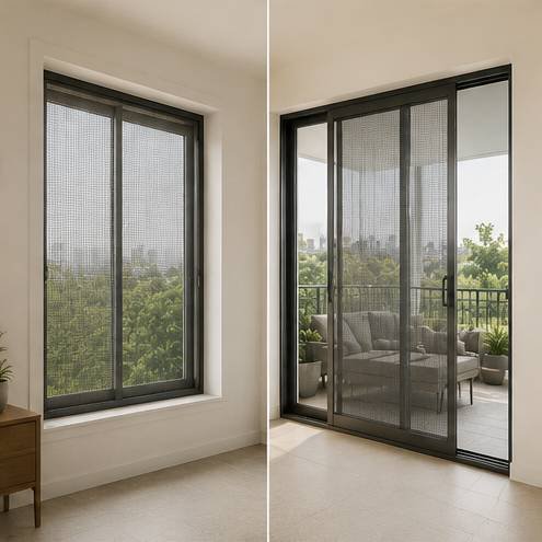 Sliding window mosquito mesh system in modern living room interior