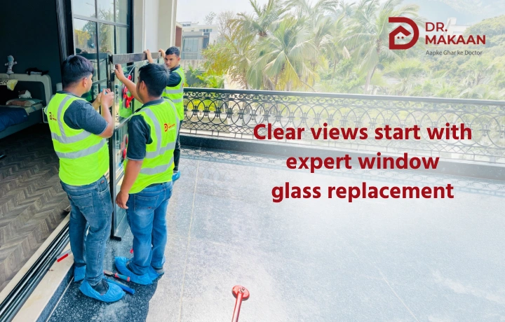 Technician inspecting damaged residential window glass for replacement in Delhi NCR